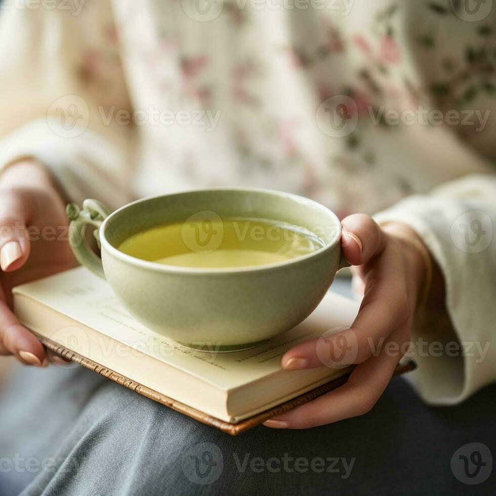 calme scène de mains berceau une vert thé tasse avec une pleine conscience livre proche ai génératif photo
