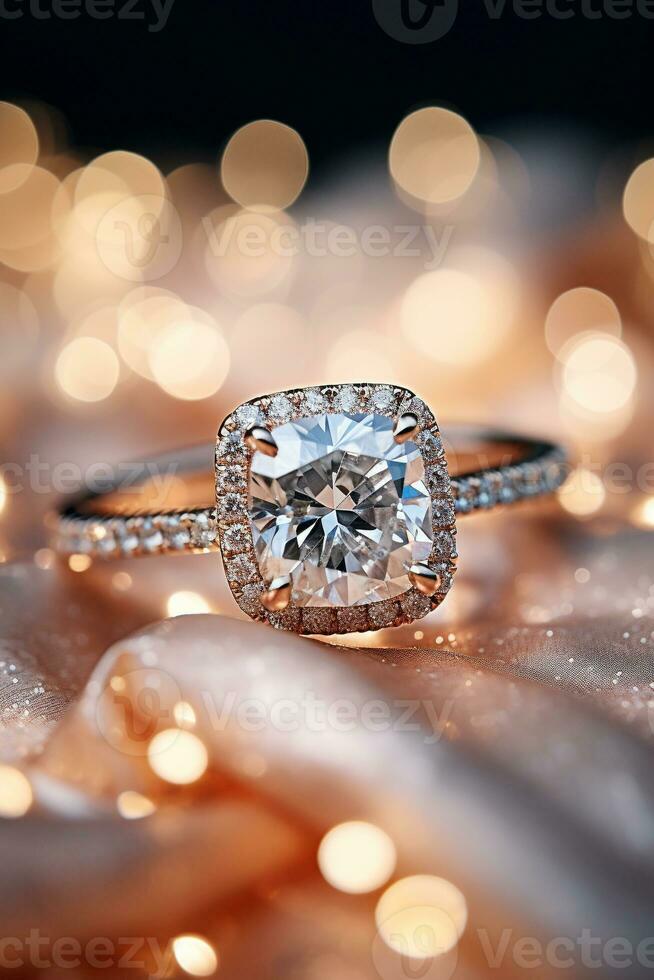 magnifique diamant engager bague fermer sur bokeh Contexte génératif ai photo