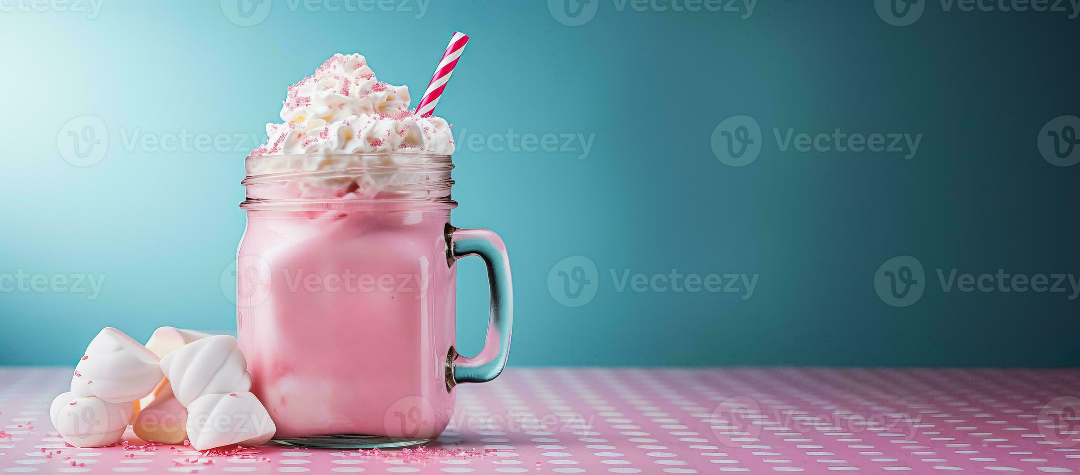 coton garni de bonbons Milk-shake dans une pot contre une rose Contexte photo