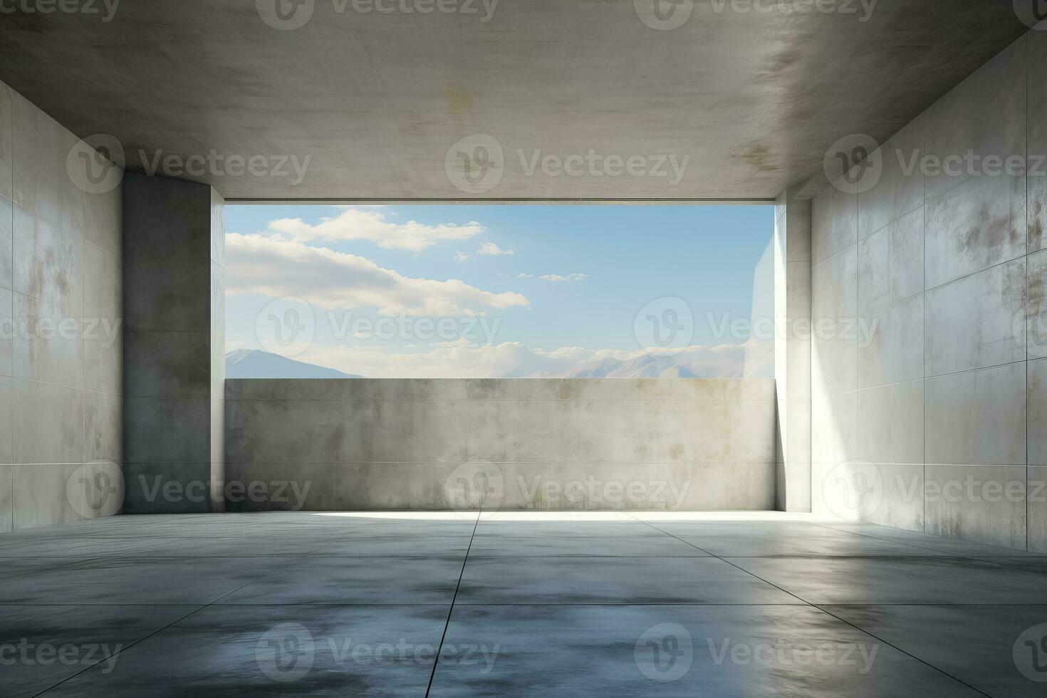 un généré par ai illustration de un vide pièce avec béton des murs une gris sol et doux lucarne photo