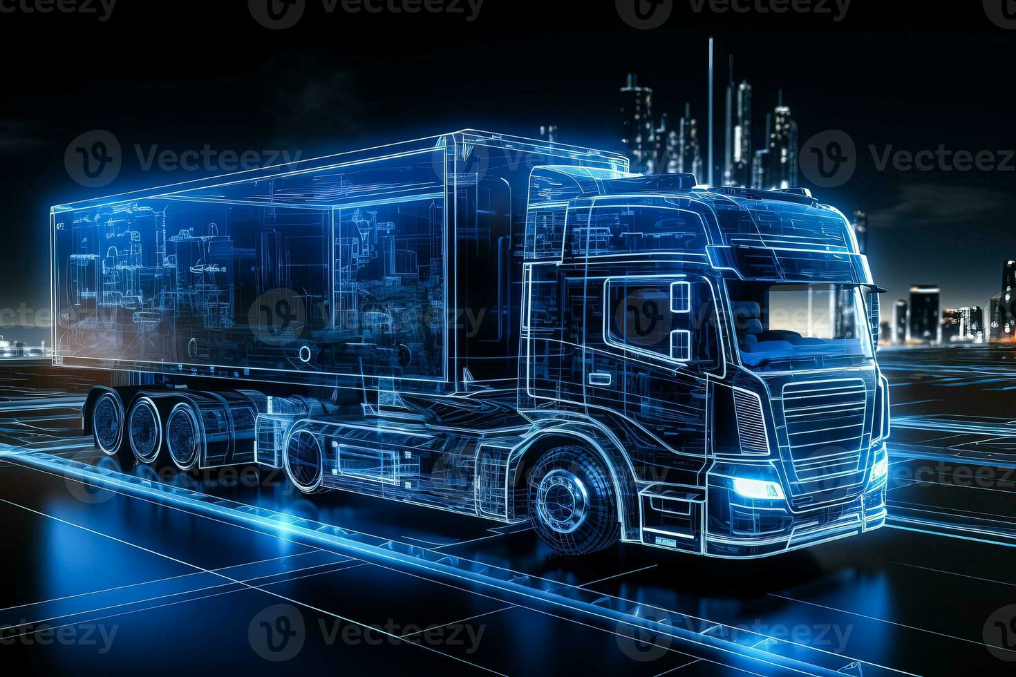 3d illustration de futuriste un camion et bande annonce dans filaire intersection photo