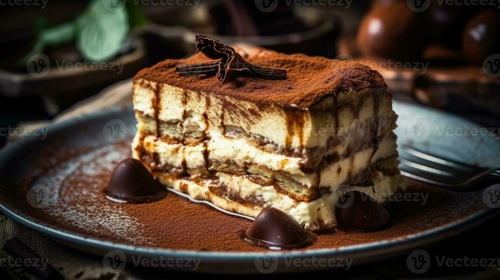 une fermer magazine qualité coup de une magnifiquement en couches tiramisu avec crémeux mascarpone et saupoudré cacao ai généré photo