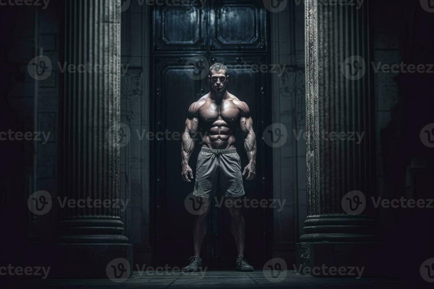 extrême bodybuilder montrant le sien muscles. énorme athlète démontrant pouvoir. généré ai. photo