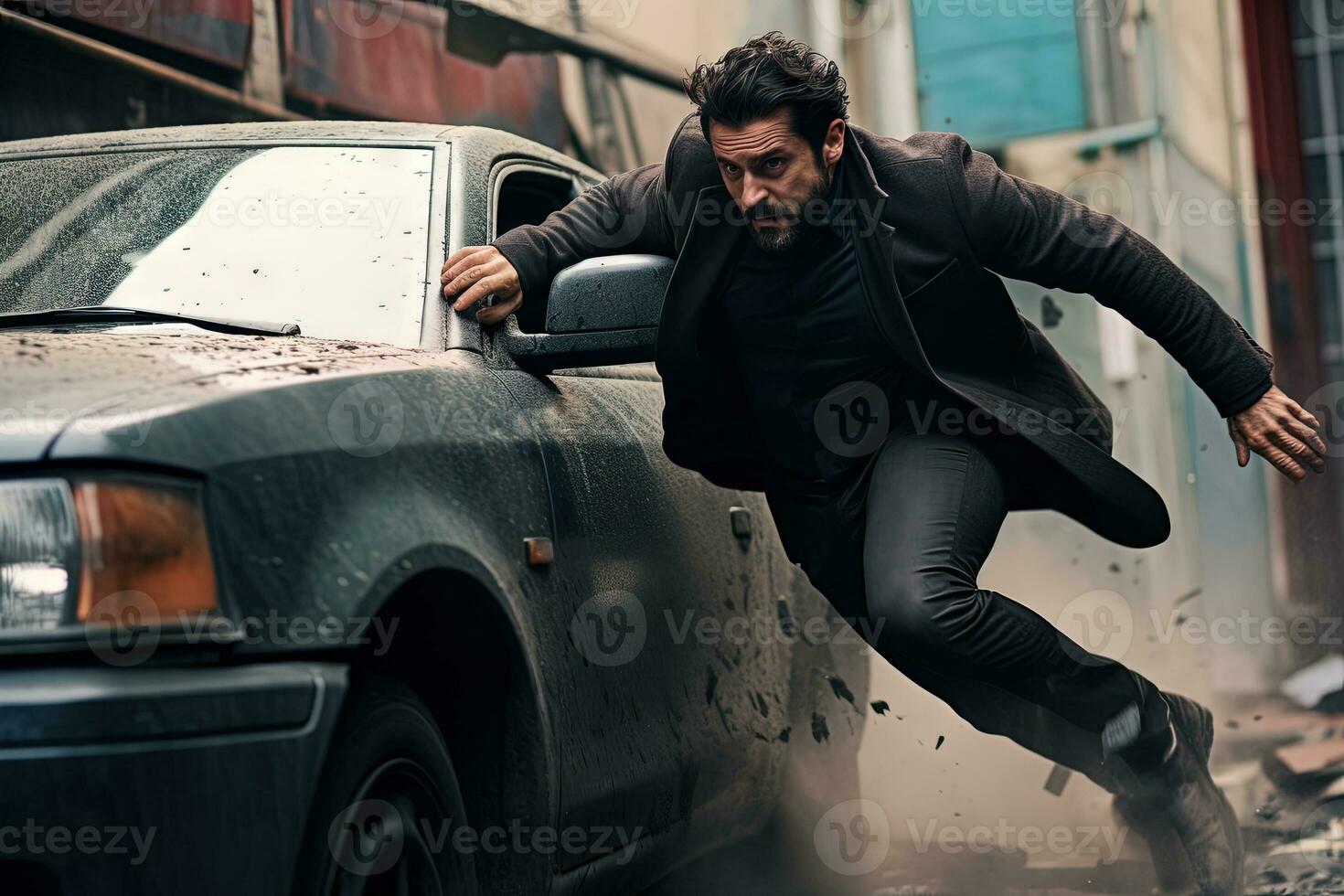 action coup avec homme fonctionnement loin. dynamique scène avec voiture dans action film superproduction style. généré ai. photo