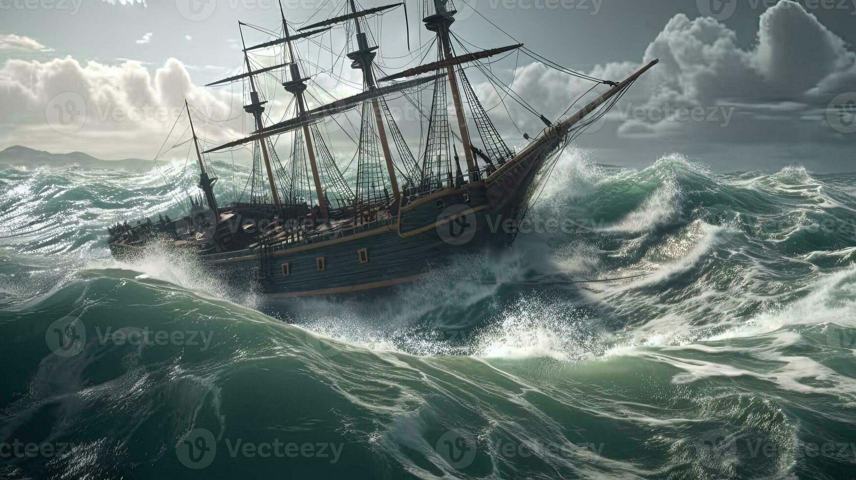 navire dans le orageux mer avec énorme vagues. géant orageux vagues dans le océan et bateau. généré ai. photo