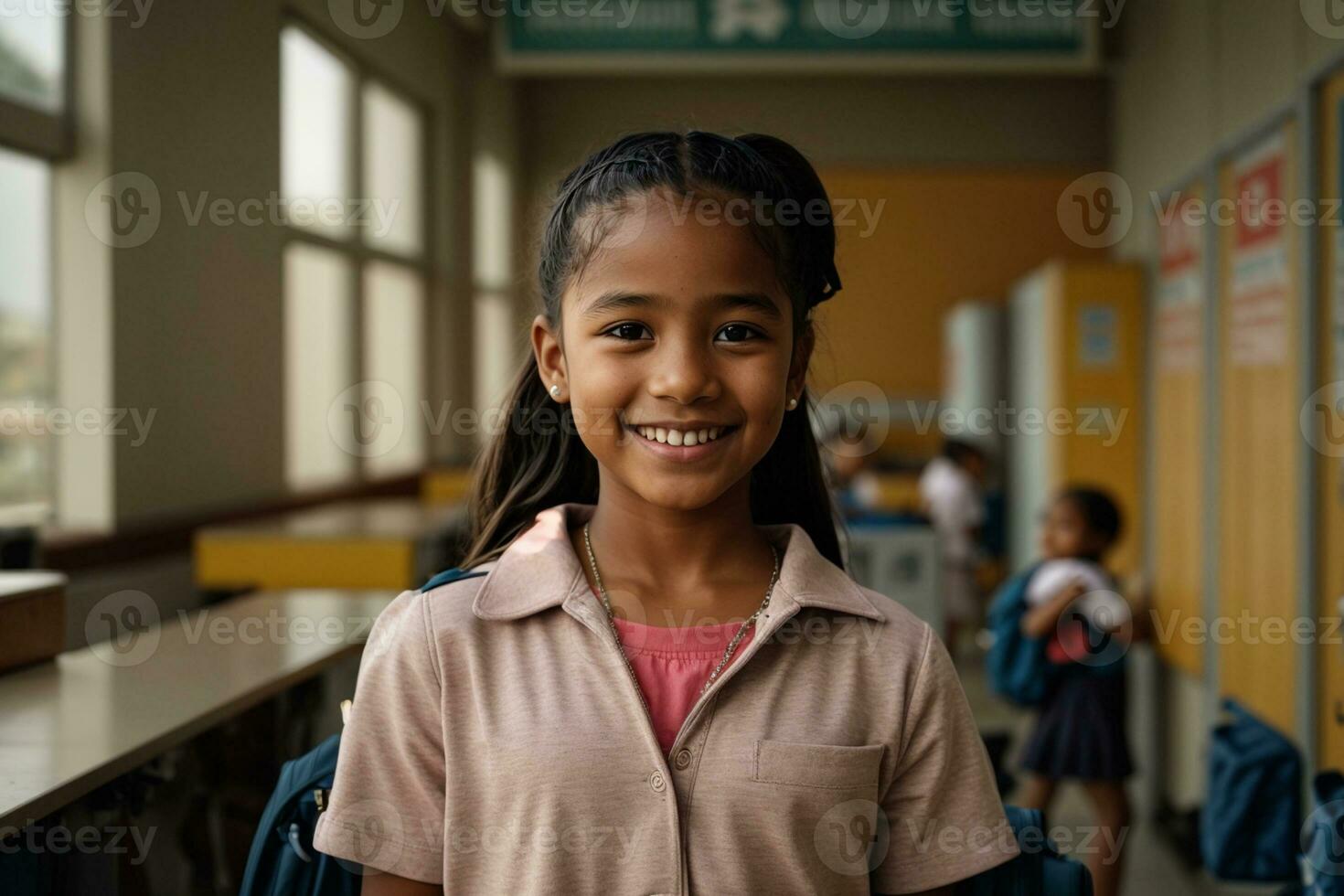 ai génératif mignonne fille enfant permanent smiley et fièrement à école orienté vers caméra photo