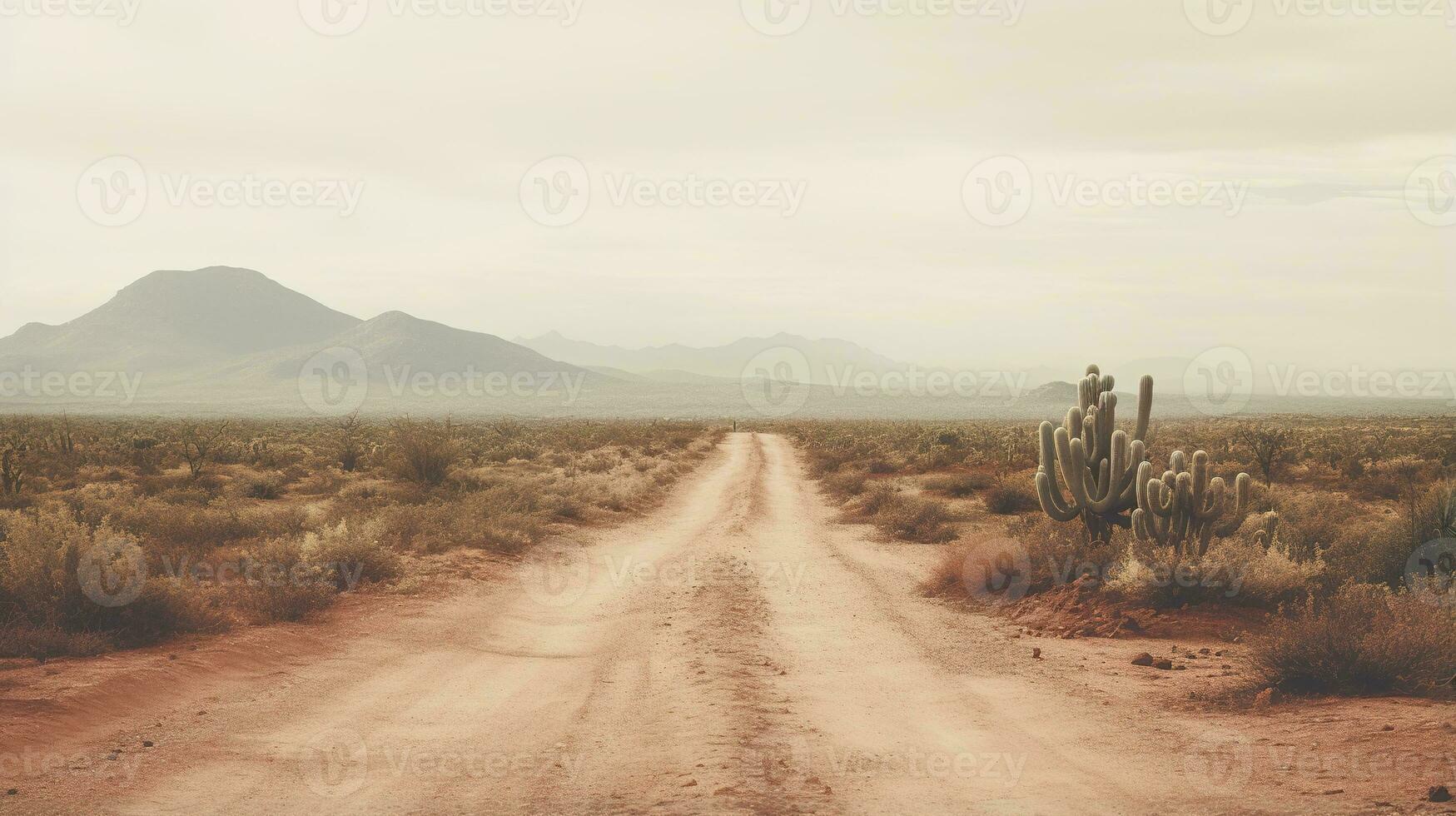 génératif ai, solitaire route dans le désert, esthétique, en sourdine neutre couleurs, cactus les plantes photo