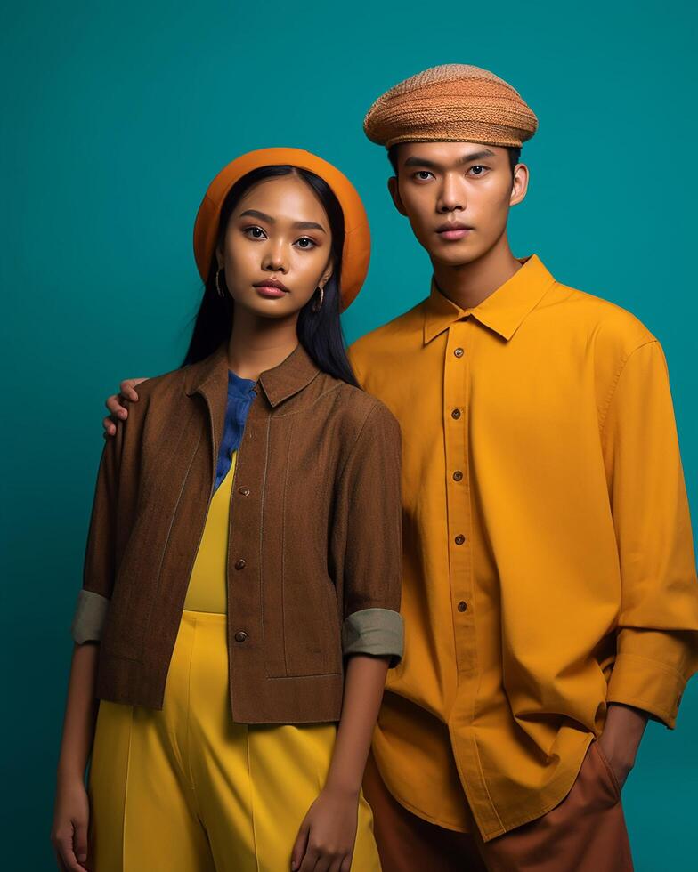 asiatique modèle couple dans moderne mode ai généré photo