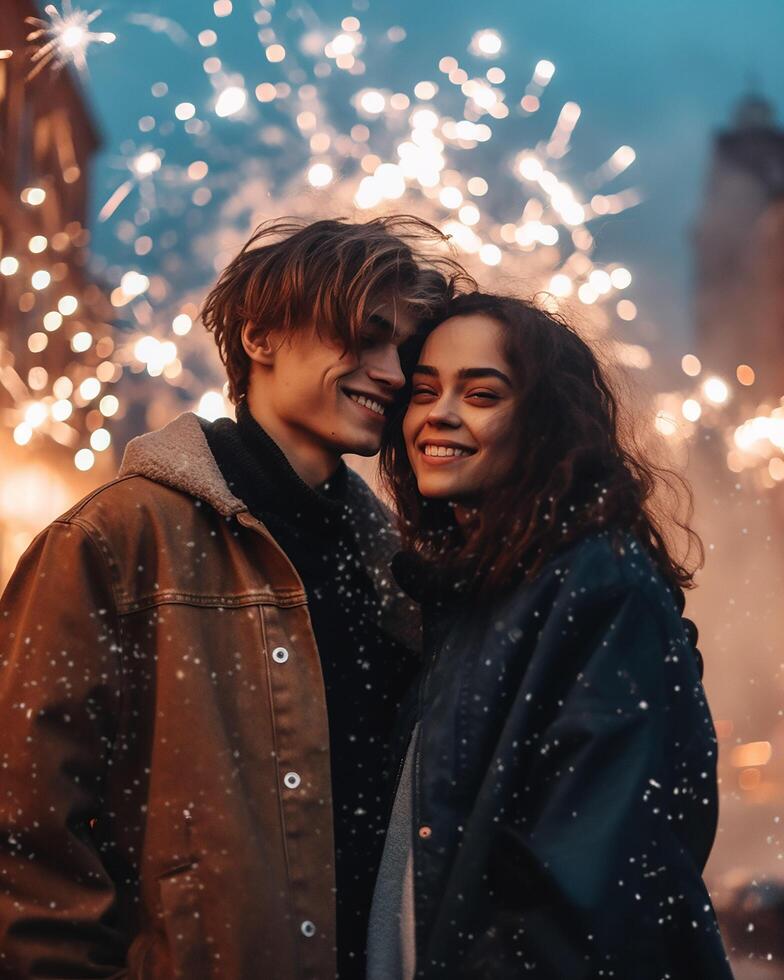 Jeune couple à feux d'artifice ai généré photo