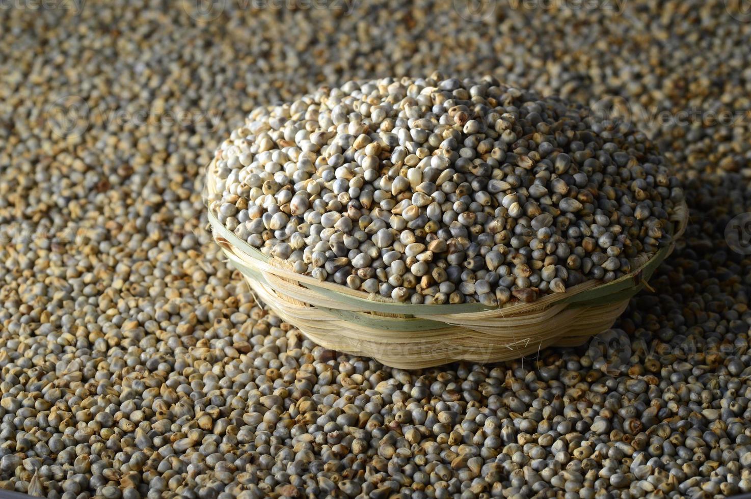 bajra, millet perlé dans un panier en bois de bambou photo