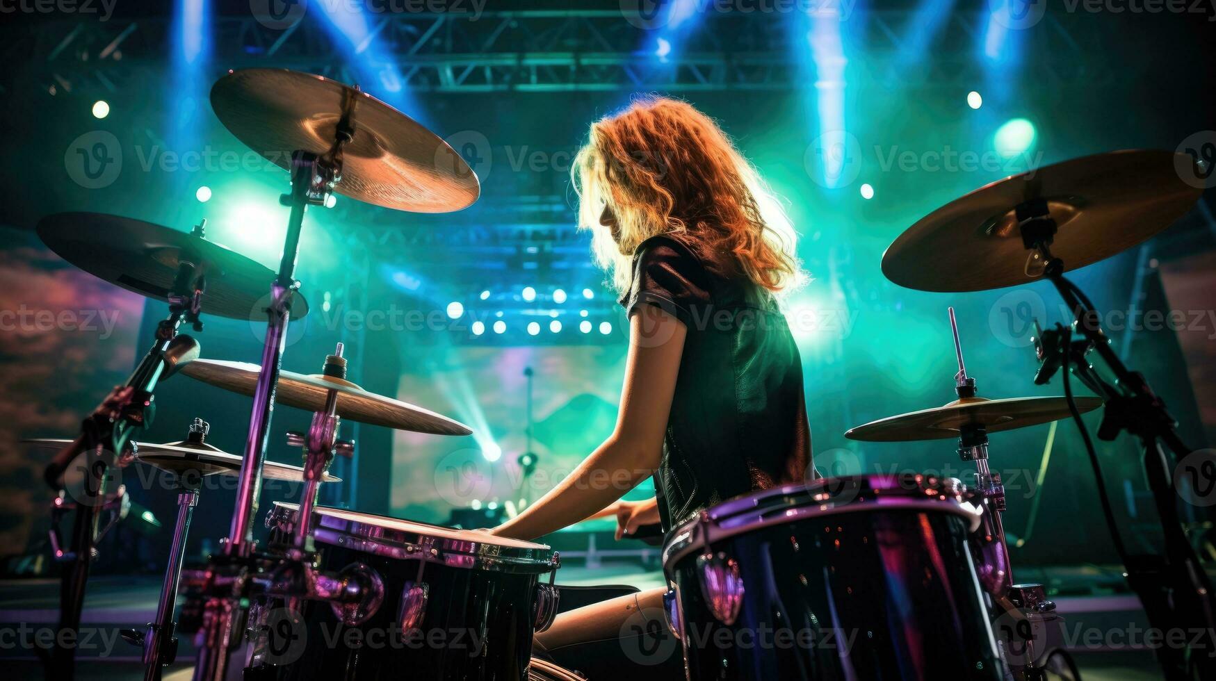 magnifique Jeune fille musicien en jouant sur tambours. vivre la musique à une concert photo