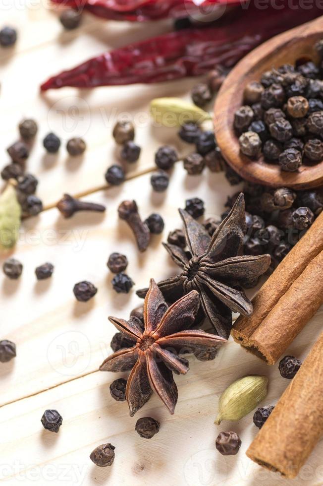 épices et herbes. ingrédients de la nourriture et de la cuisine. bâtons de cannelle, étoiles d'anis, grains de poivre noir, piment, cardamome et clous de girofle sur fond de bois photo