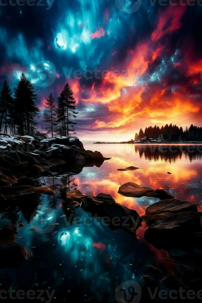 une fascinant Danse de vibrant lumières illumine le nuit ciel La peinture une Stupéfiant chef-d'oeuvre plus de le nordique paysage photo