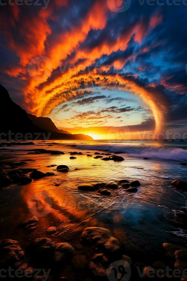 une fascinant arc de lune jette un éthéré lueur sur une côtier paysage fascinant spectateurs avec ses rare et captivant beauté photo