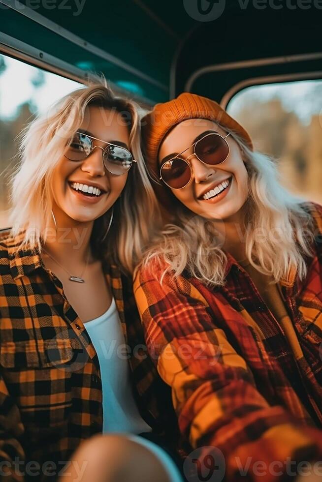 Jeune fille prise selfie dans parc ai généré photo