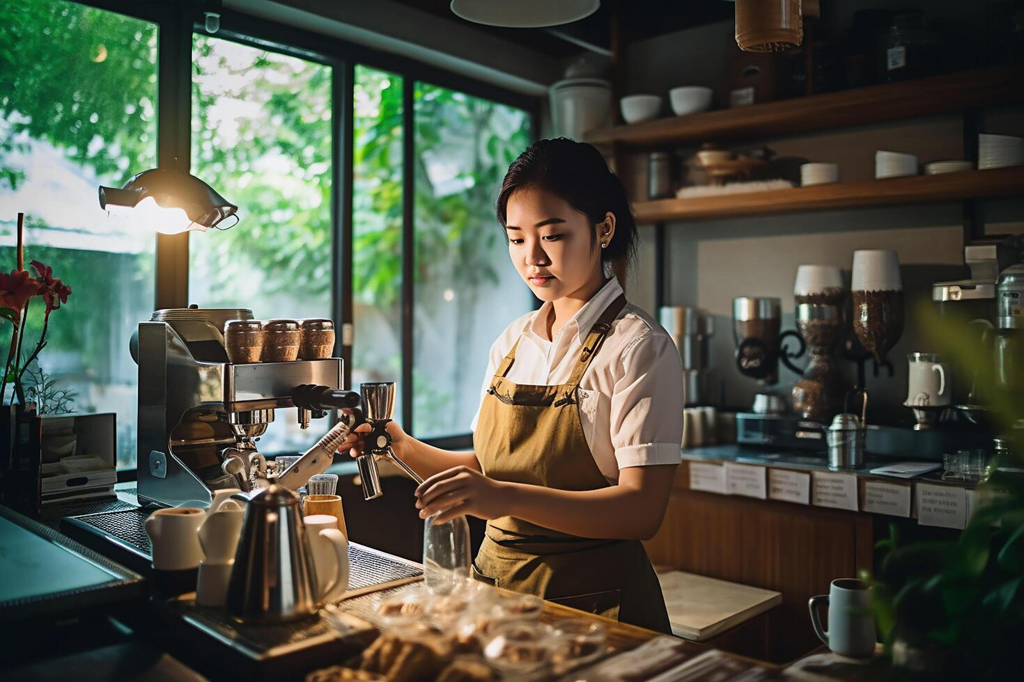 femelle café barista ai généré photo