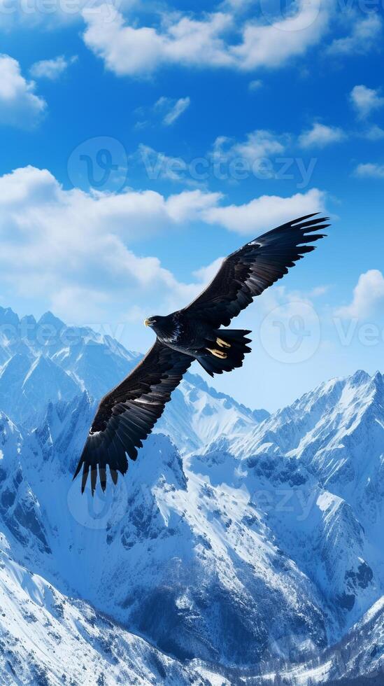 majestueux Aigle planant au dessus une parfait, enneigé Montagne intervalle en dessous de une bleu ciel ai génératif photo