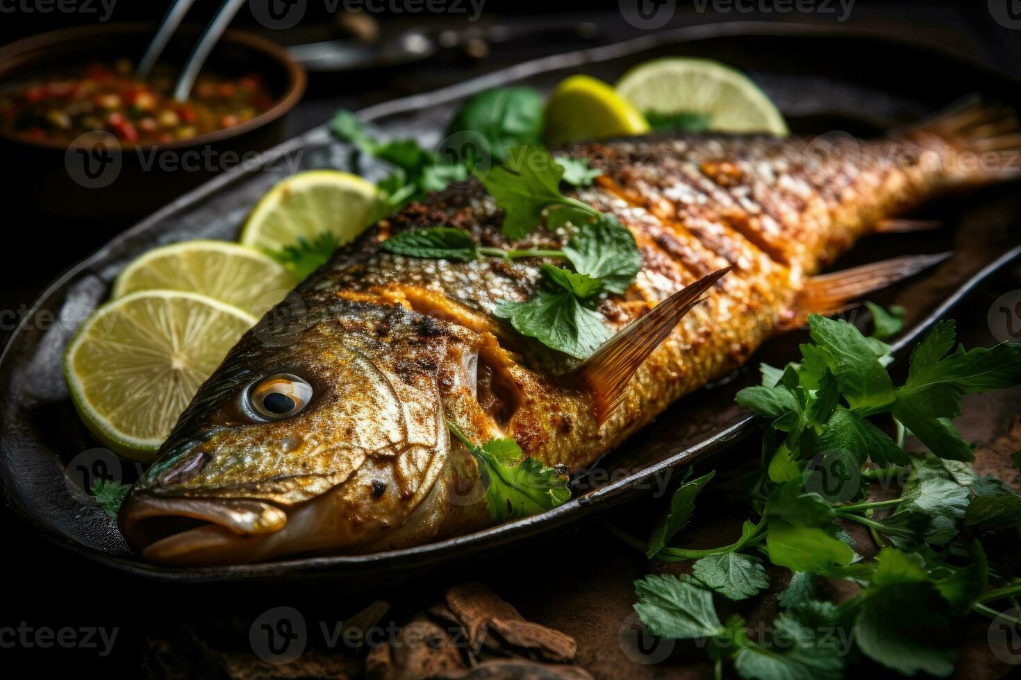 entier poisson avec une grillé peau arabe nourriture génératif ai photo