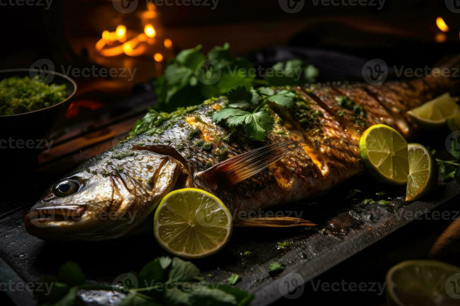 entier poisson avec une grillé peau arabe nourriture génératif ai photo