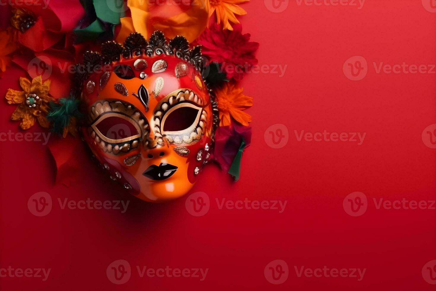 magnifique carnaval masque avec plumes sur rouge Contexte avec fond photo