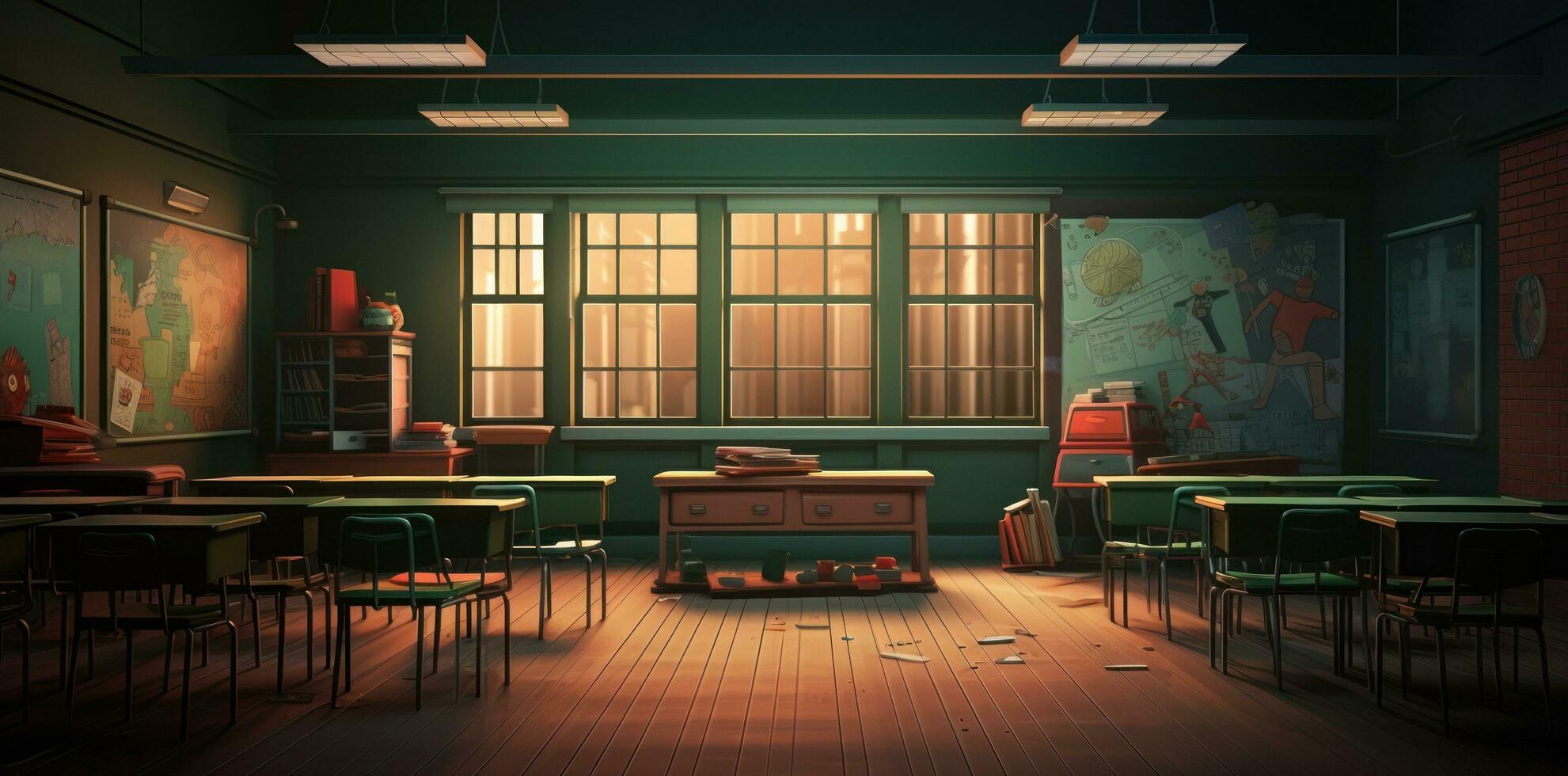 une salle de cours avec une tableau noir, bureau, des stylos, et école Provisions photo