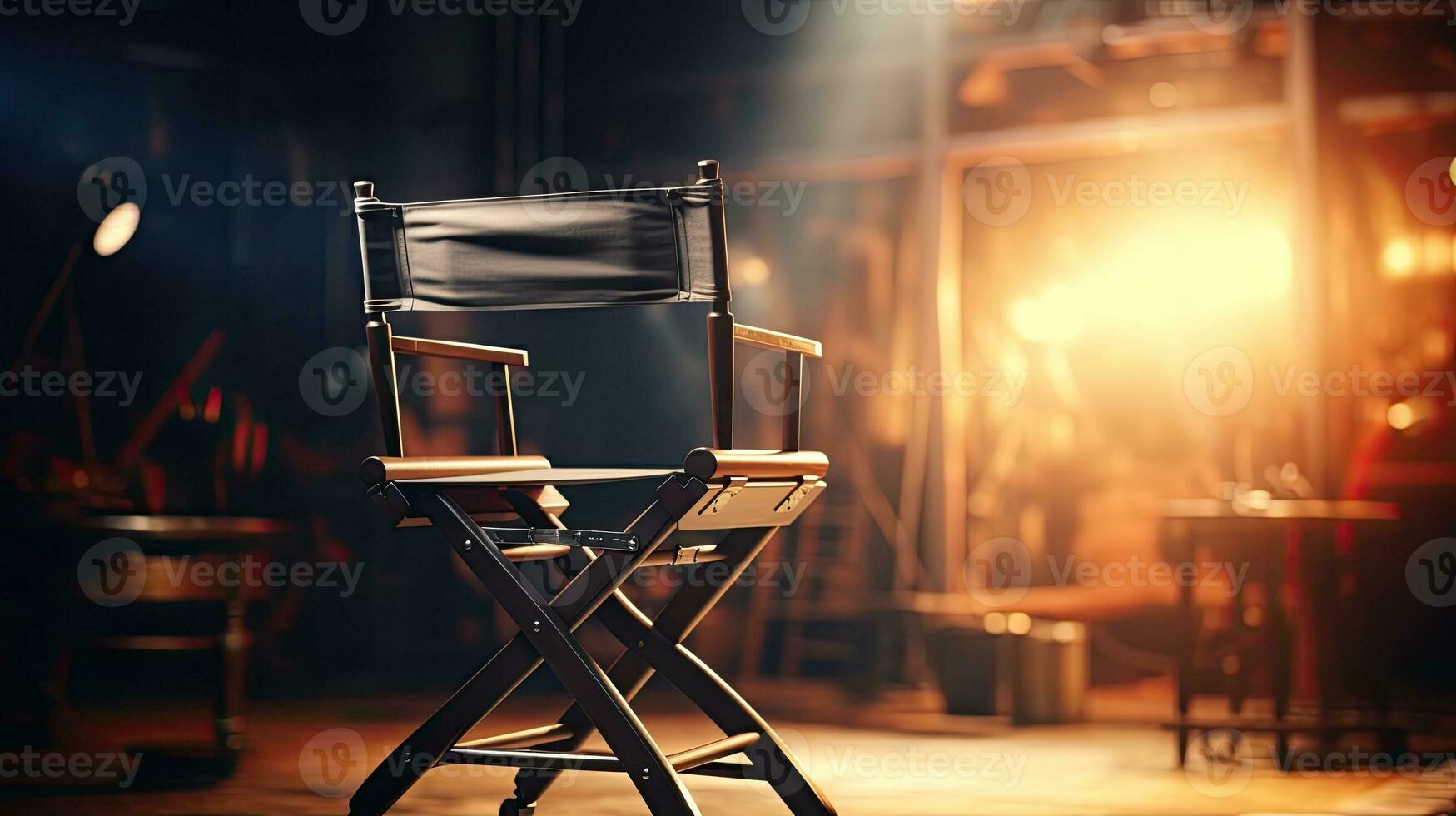 un vide réalisateur chaise dans de face de un vide film ensemble. sombre Contexte photo