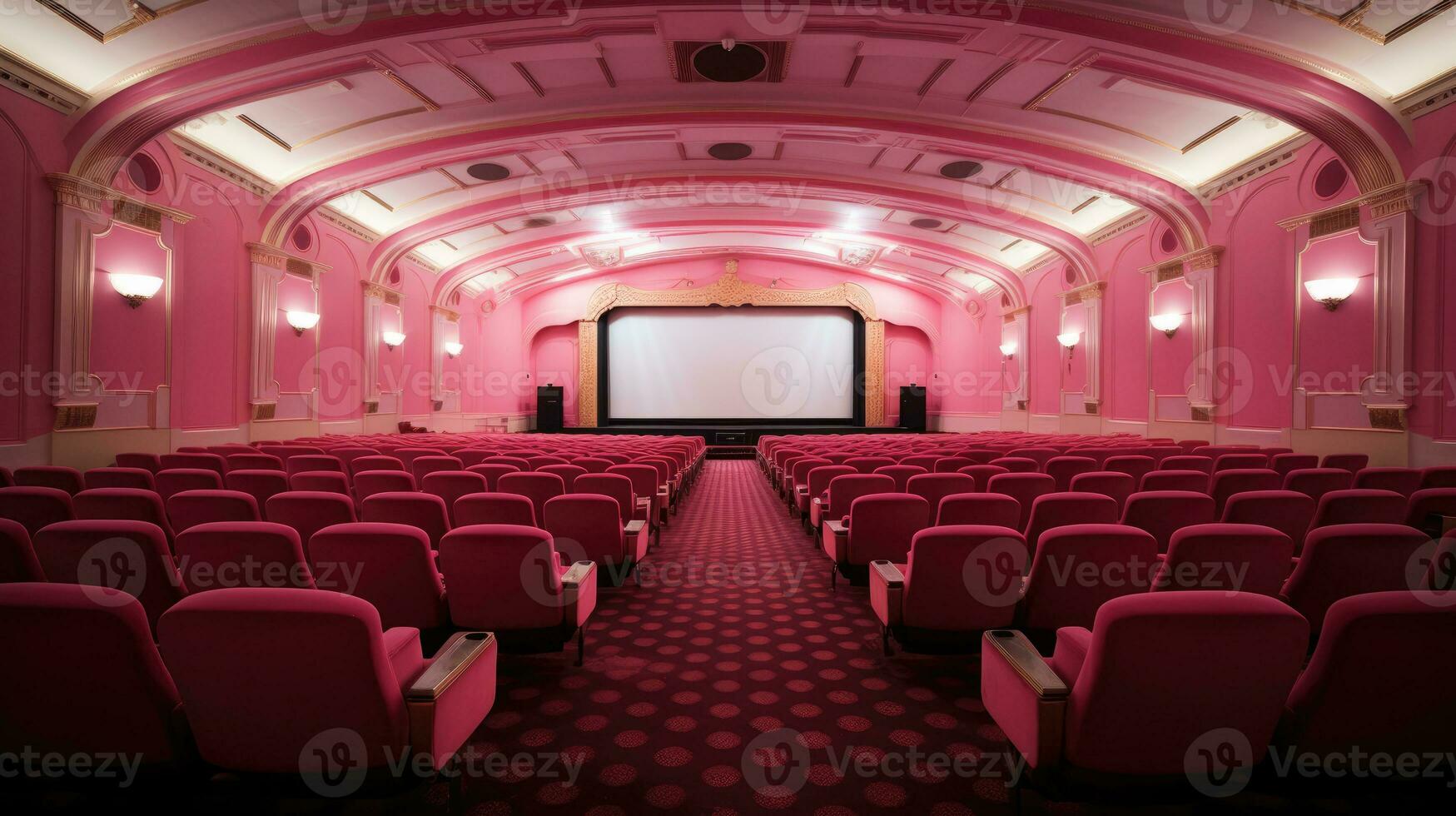 vide rose cinéma salle. vue de vide cinéma écran avec rrose chaises. photo