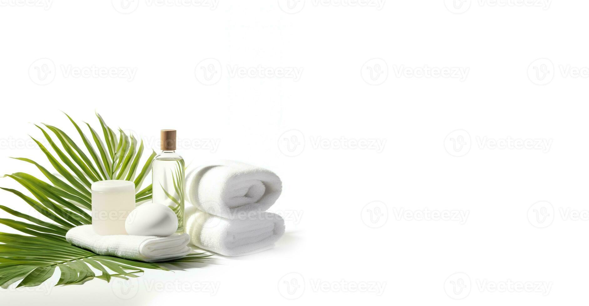 ensemble de spa accessoires sur une blanc Contexte avec espace pour texte. conception pour beauté spa, massage salon. Contexte pour beauté salon, bien-être centre. photo