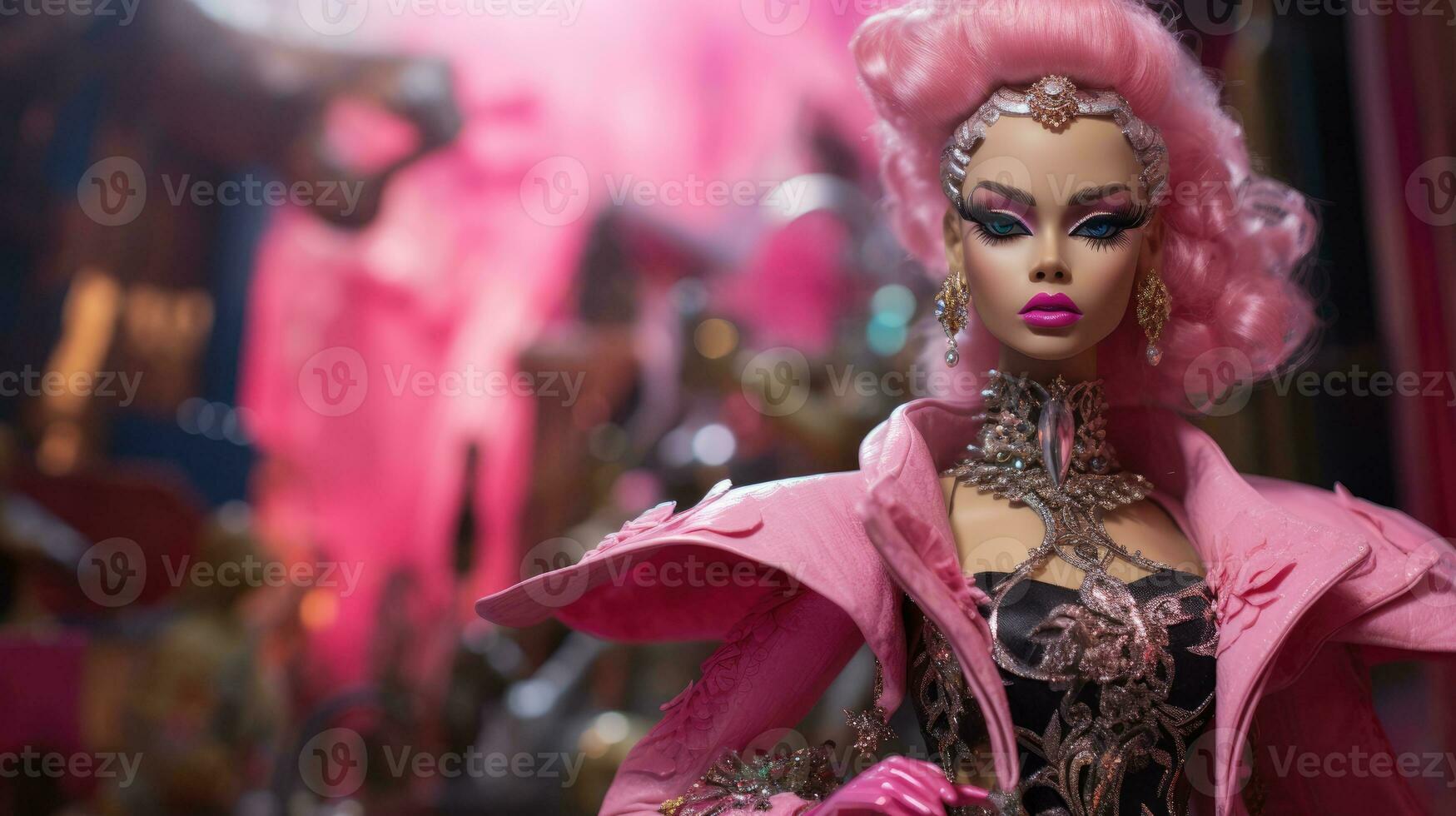 Plastique poupée - punk dans une rose et métallique costume sur une flou Contexte. photo