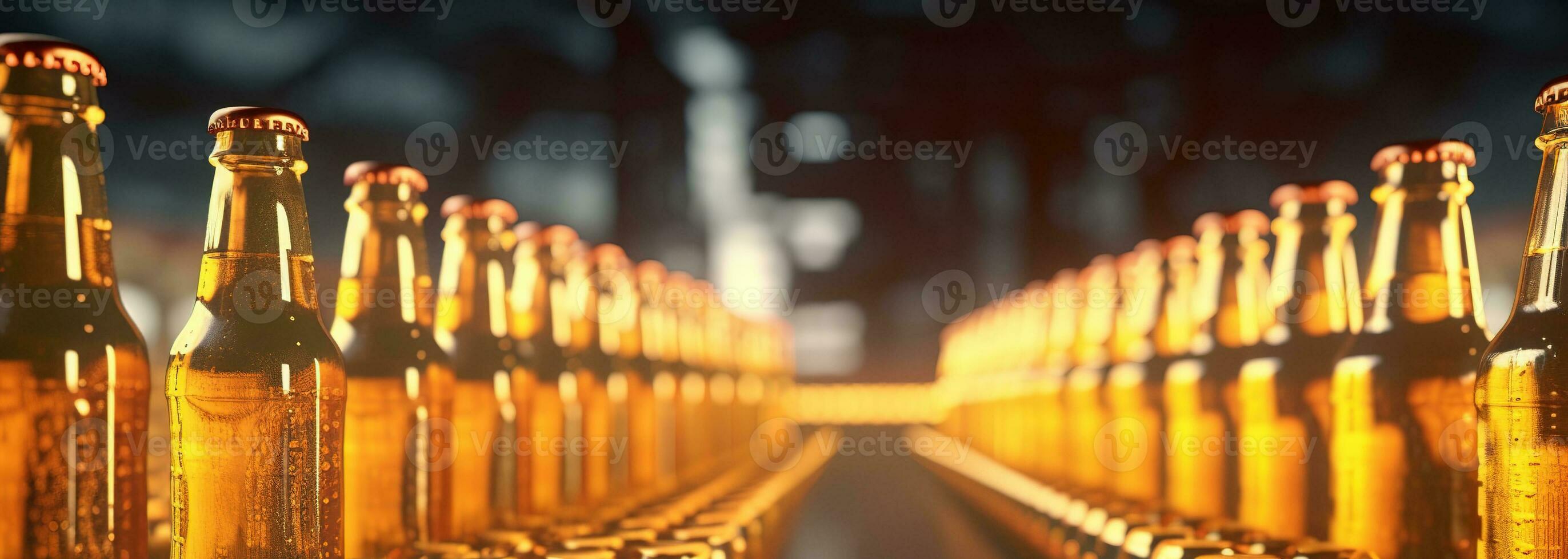 verre bouteilles sur le convoyeur. ambre Bière sur le ligne pour embouteillage boissons. photo