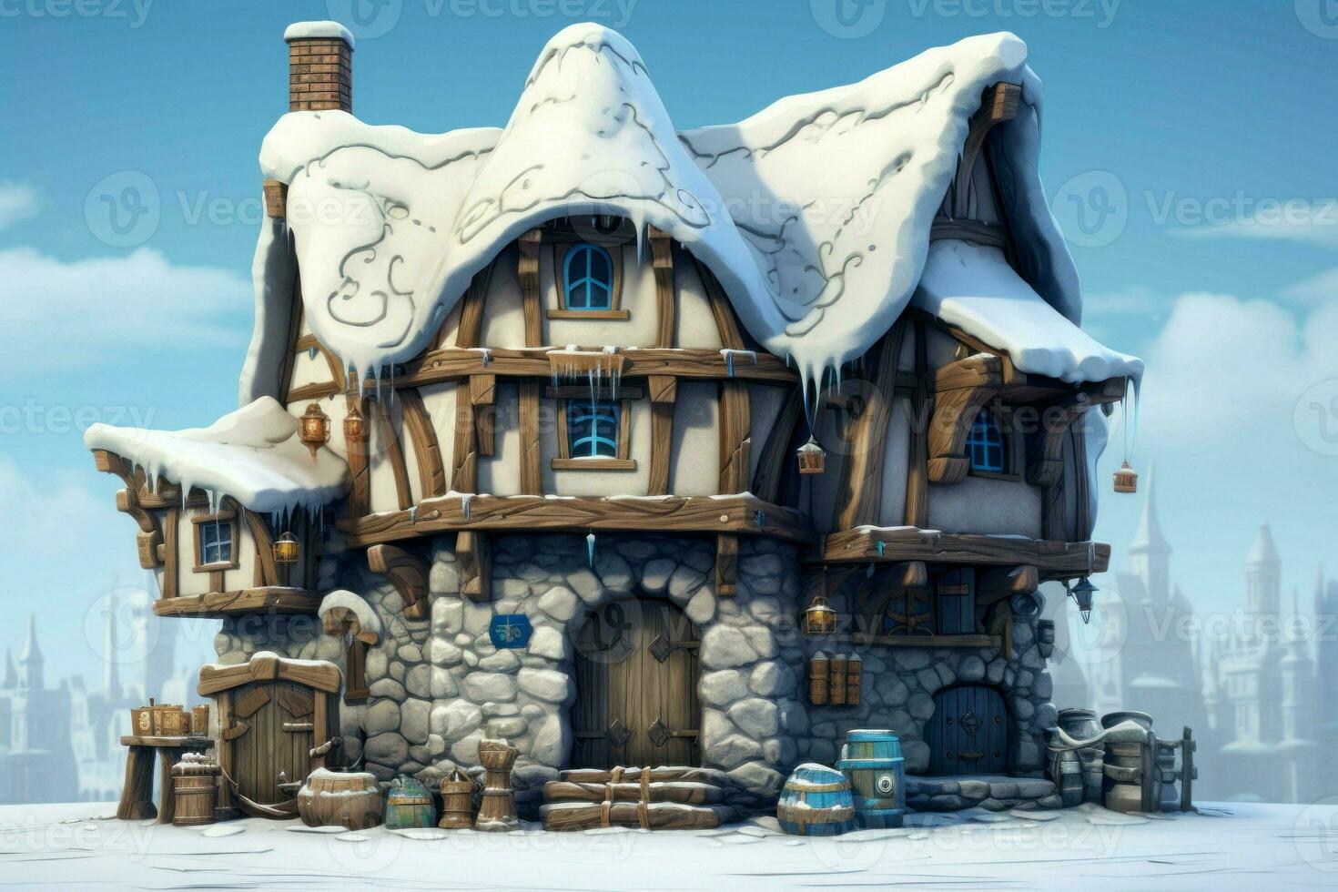 vieux steampunk neige maison fantaisie. produire ai photo