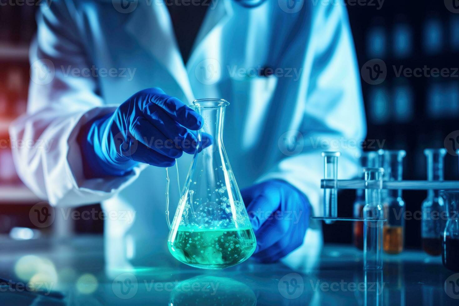 scientifique dans laboratoire en cours d'analyse bleu substance dans gobelet, conduite médical recherche pour pharmaceutique Découverte photo
