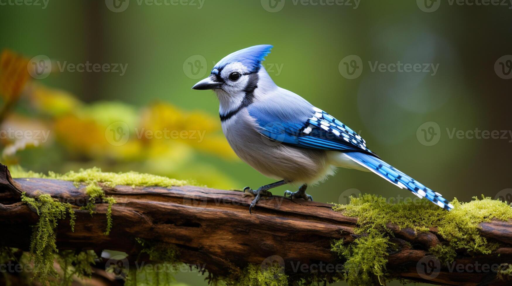 photo de une bleu geai permanent sur une déchue arbre branche à Matin. génératif ai