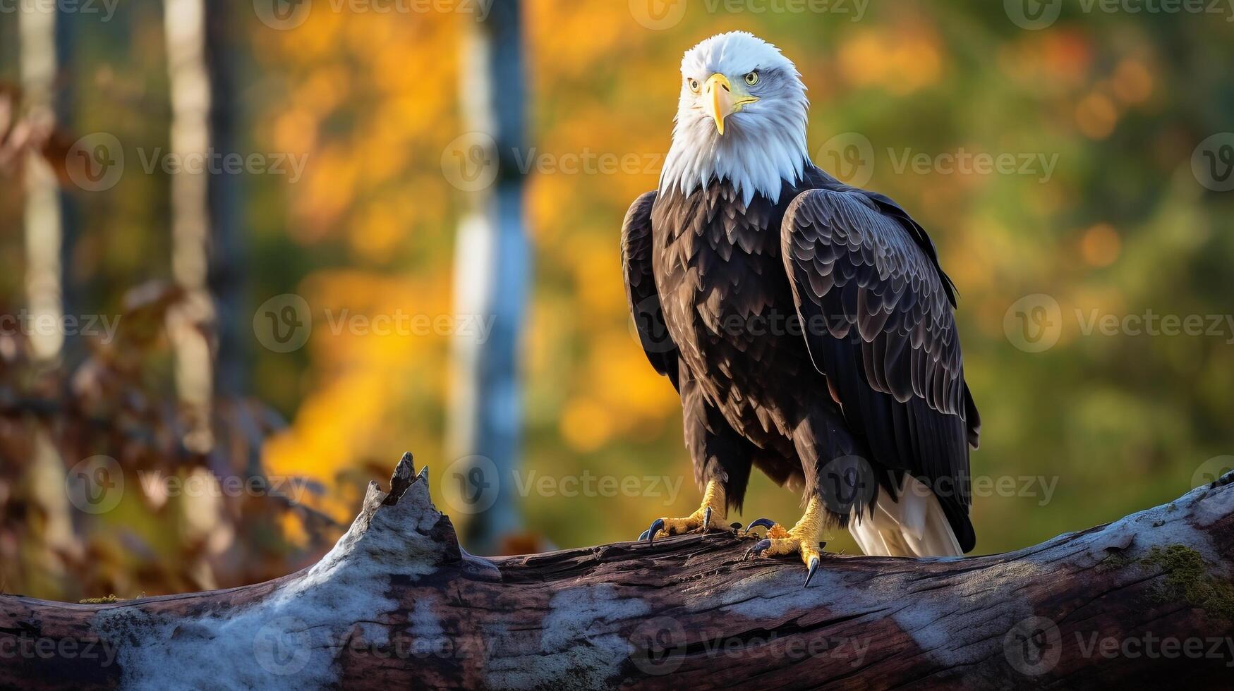 photo de une chauve Aigle permanent sur une déchue arbre branche à Matin. génératif ai