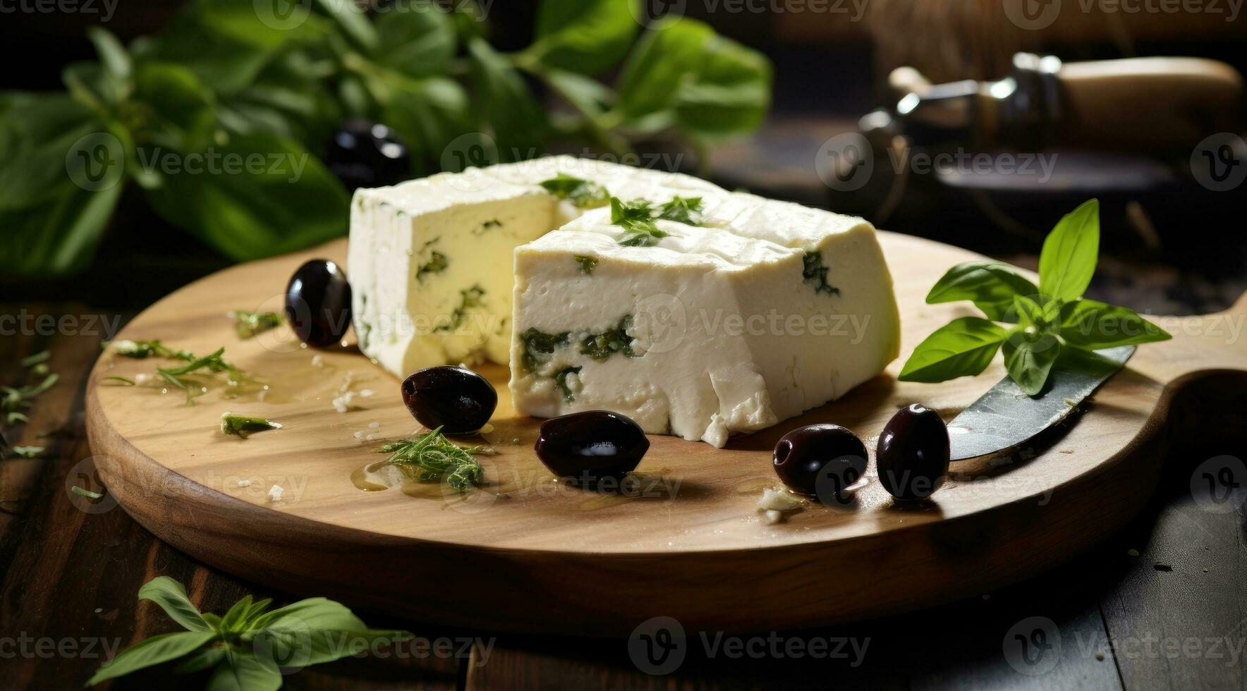 feta fromage avec Olives et basilic sur une couper planche le plus célèbre grec fromage. photo