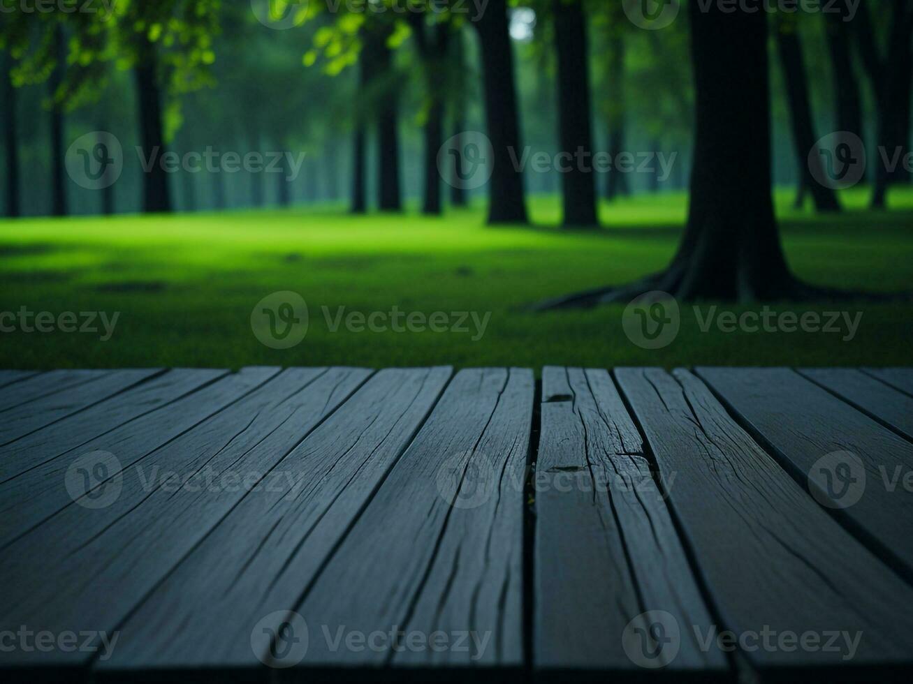 en bois table et brouiller tropical plage arrière-plan, produit afficher montage. haute qualité photo 8k fhd ai généré