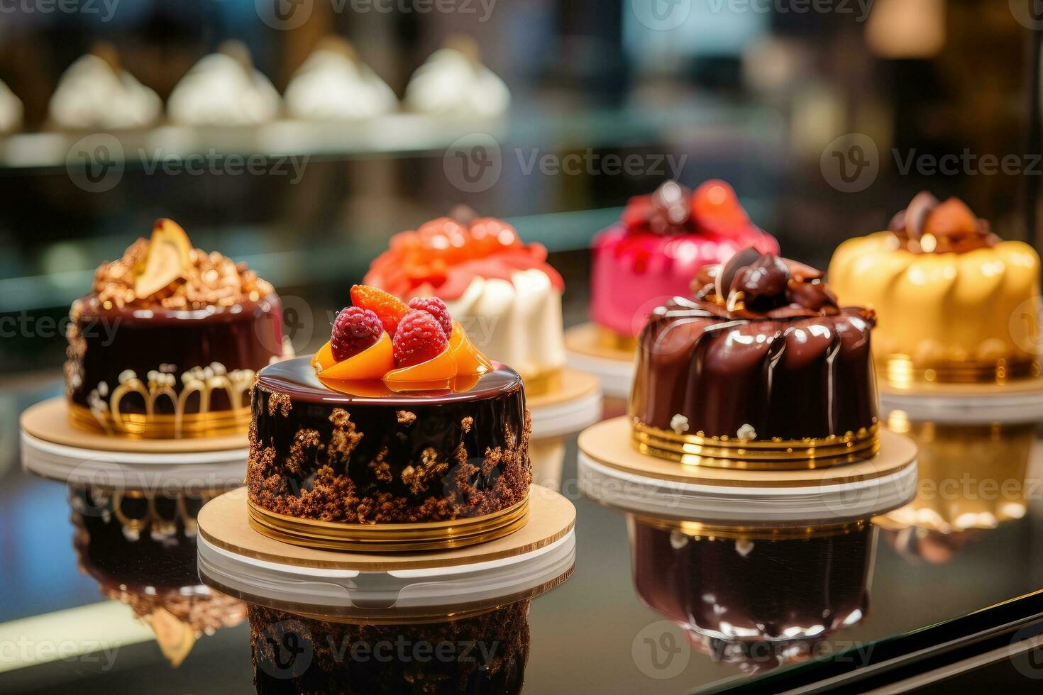 petit Gâteaux sur afficher à le pâtisserie comptoir. photo