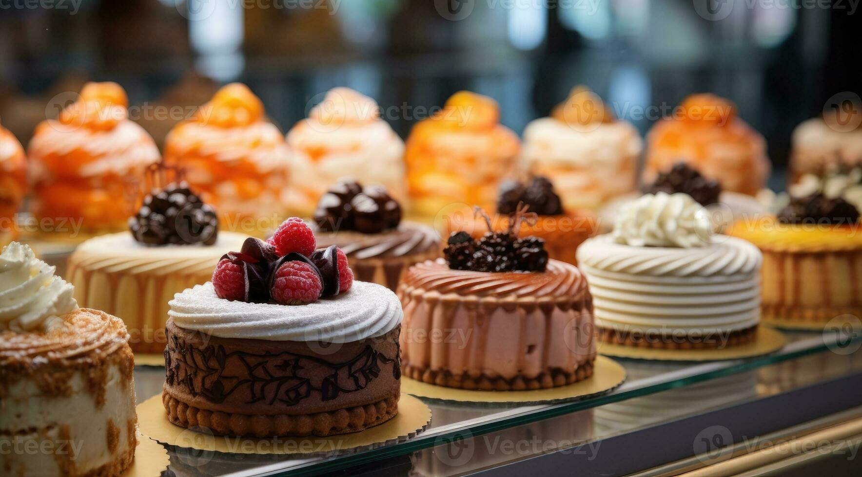 petit Gâteaux sur afficher à le pâtisserie comptoir. photo