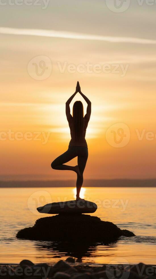 Jeune femme pratiquant yoga sur une plage à lever du soleil avec une clair ciel pour ample copie espace ai génératif photo