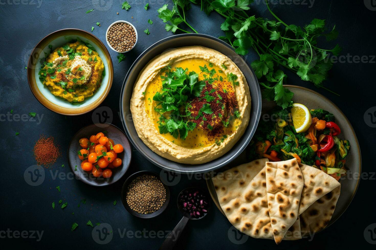 aérien aperçu de une méditerranéen le banquet Hoummous Pita pain et falafel près une thé pot ai génératif photo