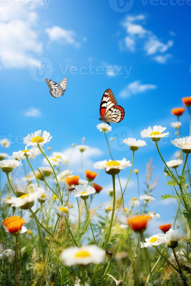 groupe de papillons flottant plus de une Prairie de fleurs sauvages en dessous de une sans nuages bleu ciel ai génératif photo