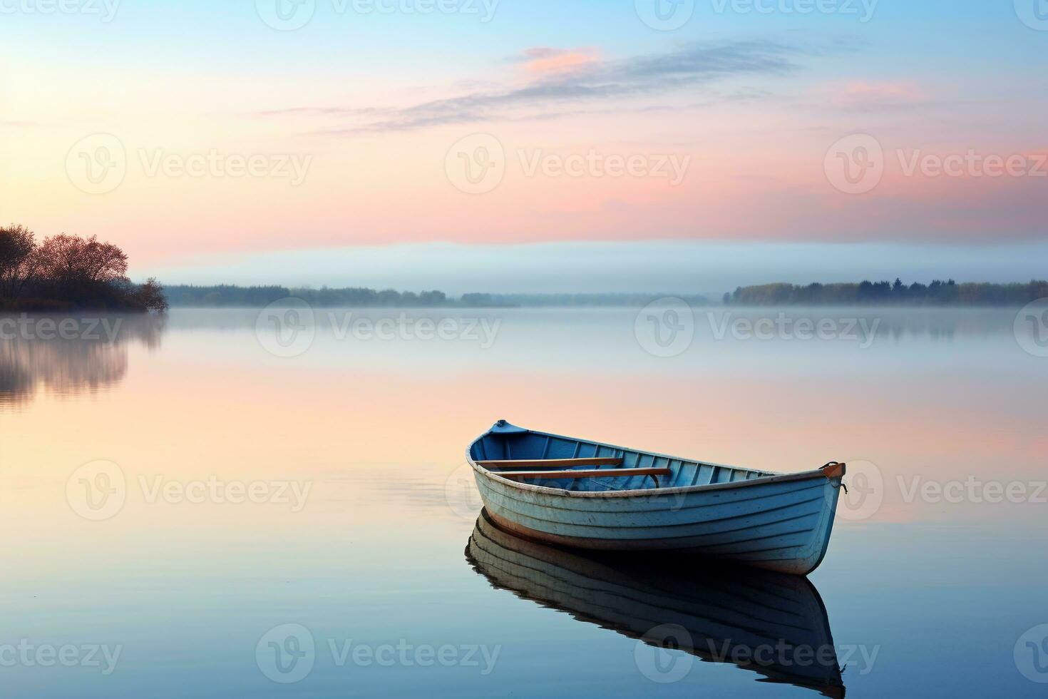 paisible Aube plus de une calme Lac avec une solitaire aviron bateau dans le distance ai génératif photo