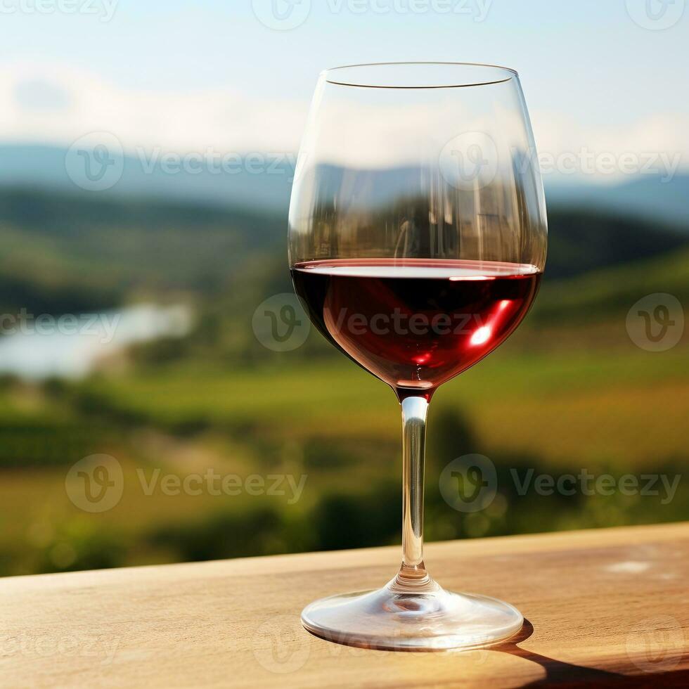 fermer de verre de rouge du vin reflétant vignoble paysage offre serein ambiance ai génératif photo