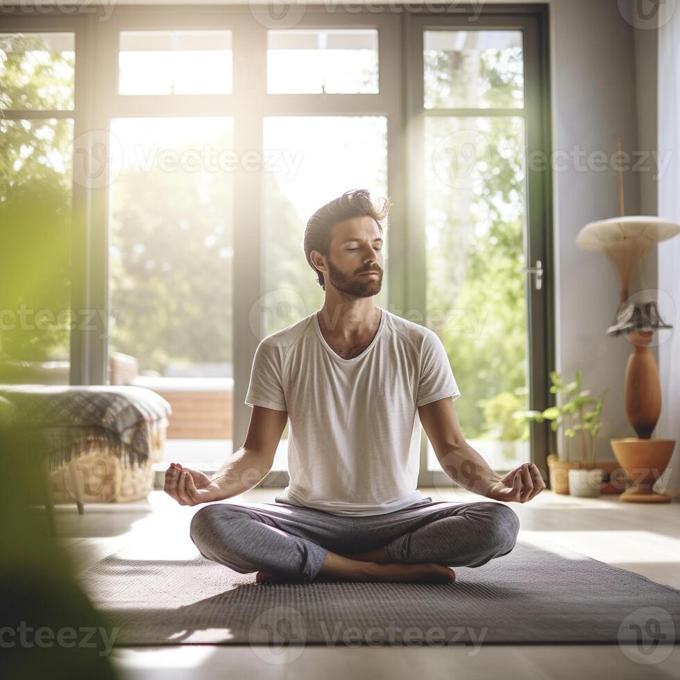 une Jeune homme pratiquant yoga dans une brillant vivant pièce rempli avec serein énergie ai génératif photo