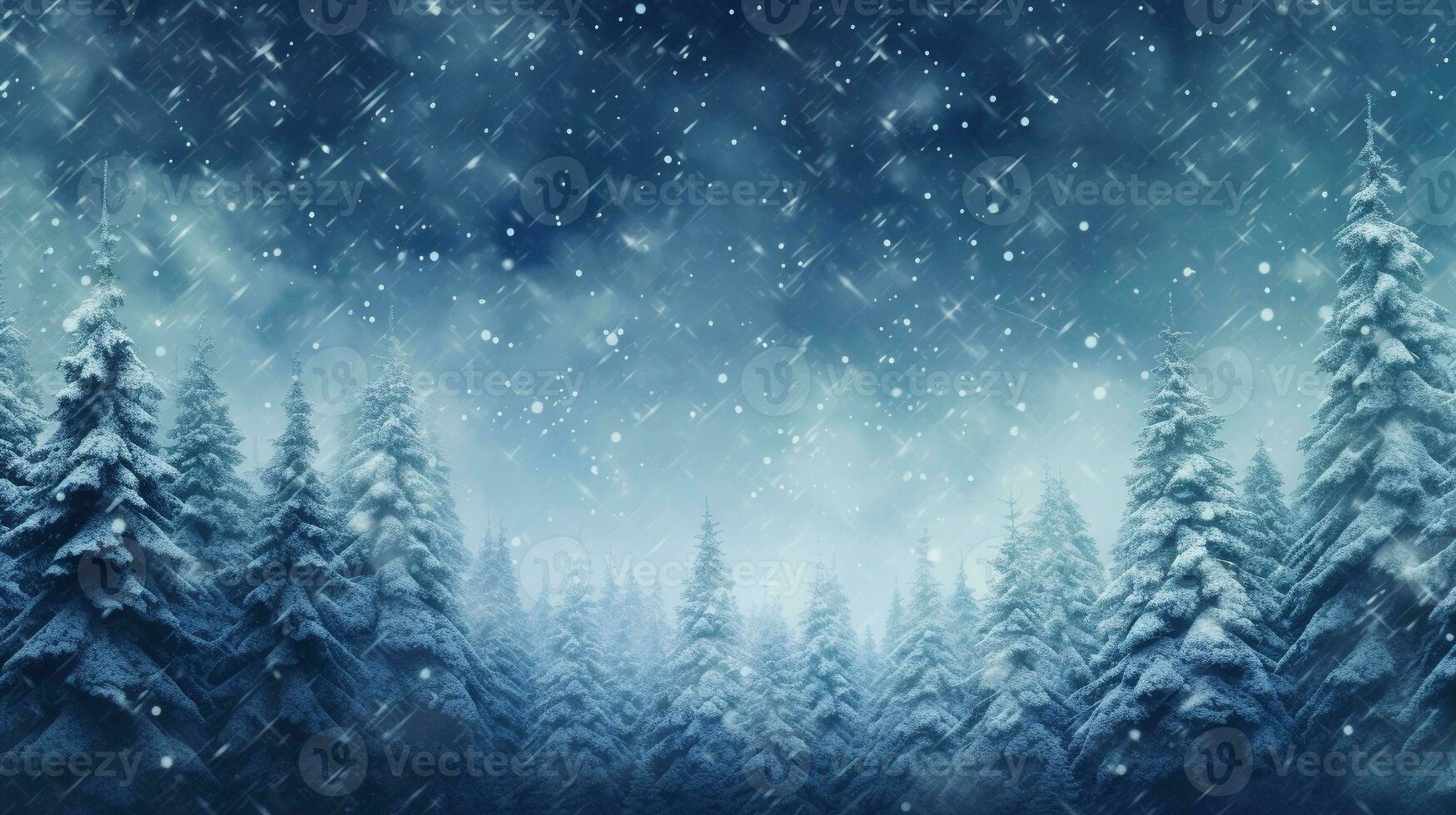 brouiller neige chute avec pin forêt Contexte. Noël et Nouveau année affiche et salutation carte décoration concept. ai généré photo