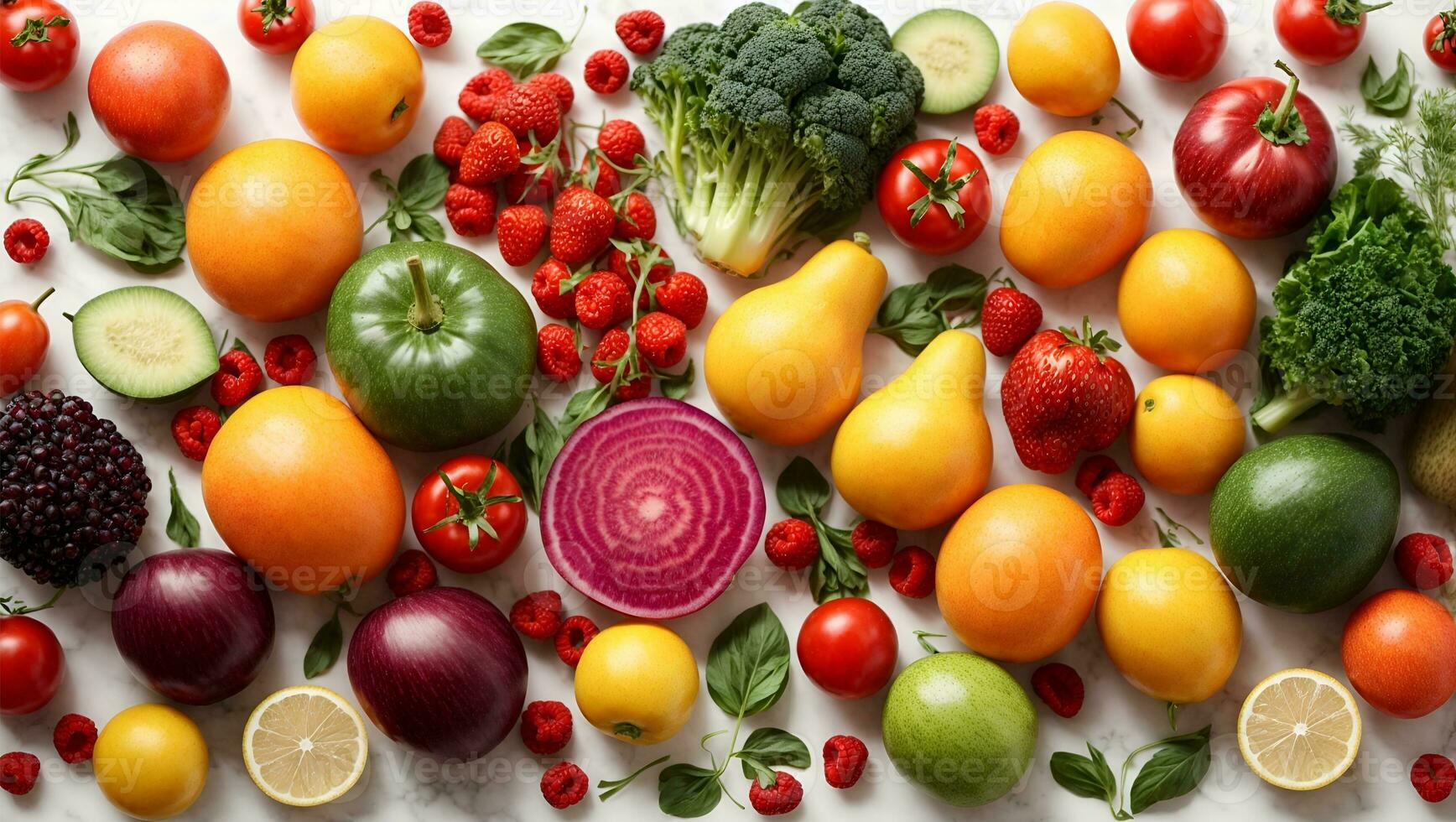 modèle de divers Frais des légumes et des fruits isolé sur blanc arrière-plan, Haut voir, plat poser. composition de nourriture, concept de en bonne santé alimentaire. nourriture texture. ai généré photo