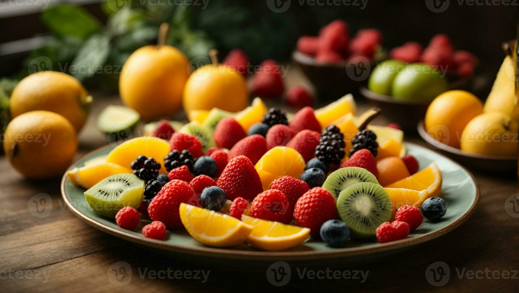 assiette de tranché Frais fruit. ai généré photo