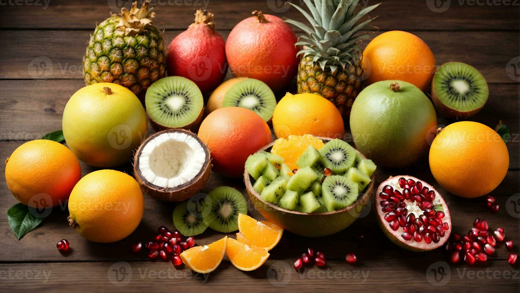 Frais tropical des fruits. ananas, noix de coco, kiwi, orange, Grenade, pamplemousse. sur une en bois Contexte. Haut voir. gratuit espace pour texte.. ai généré photo