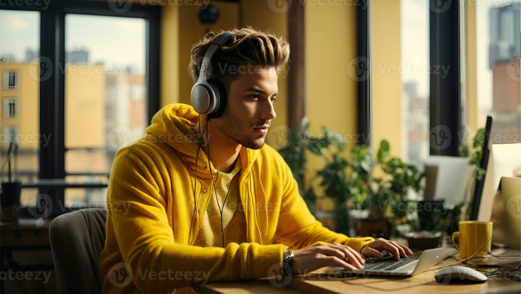 Jeune Beau homme travail de Accueil sur bureau ordinateur dans ensoleillé élégant grenier appartement. Créatif designer portant confortable Jaune chandail et écouteurs. Urbain ville vue de gros fenêtre.. ai généré photo