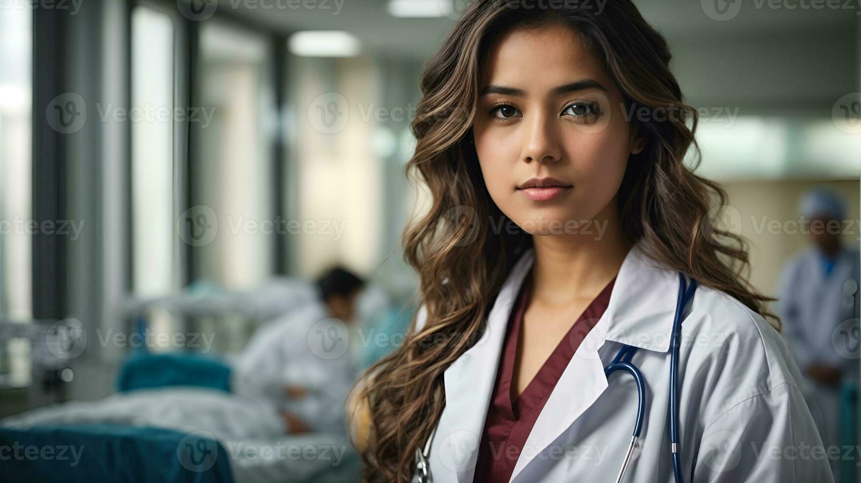 Jeune médecin femme étudiant dans hôpital, bannière. ai généré photo